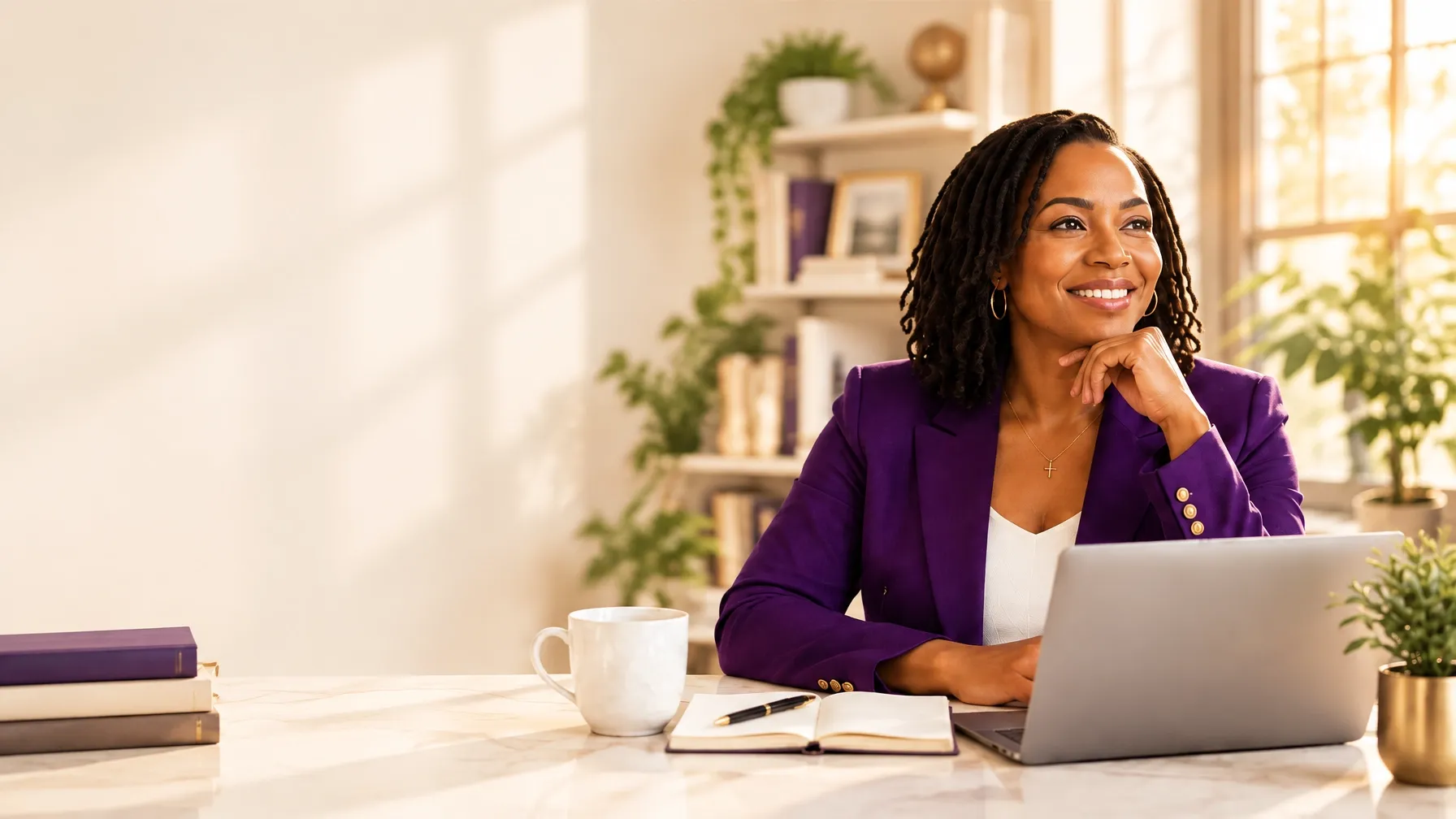 Purpose-driven entrepreneur working at her desk in a sunlit office